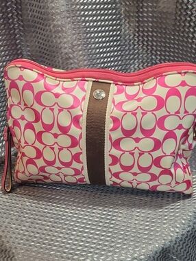 Coach Pink Signature Cosmetic Pouch with Brown Trim
